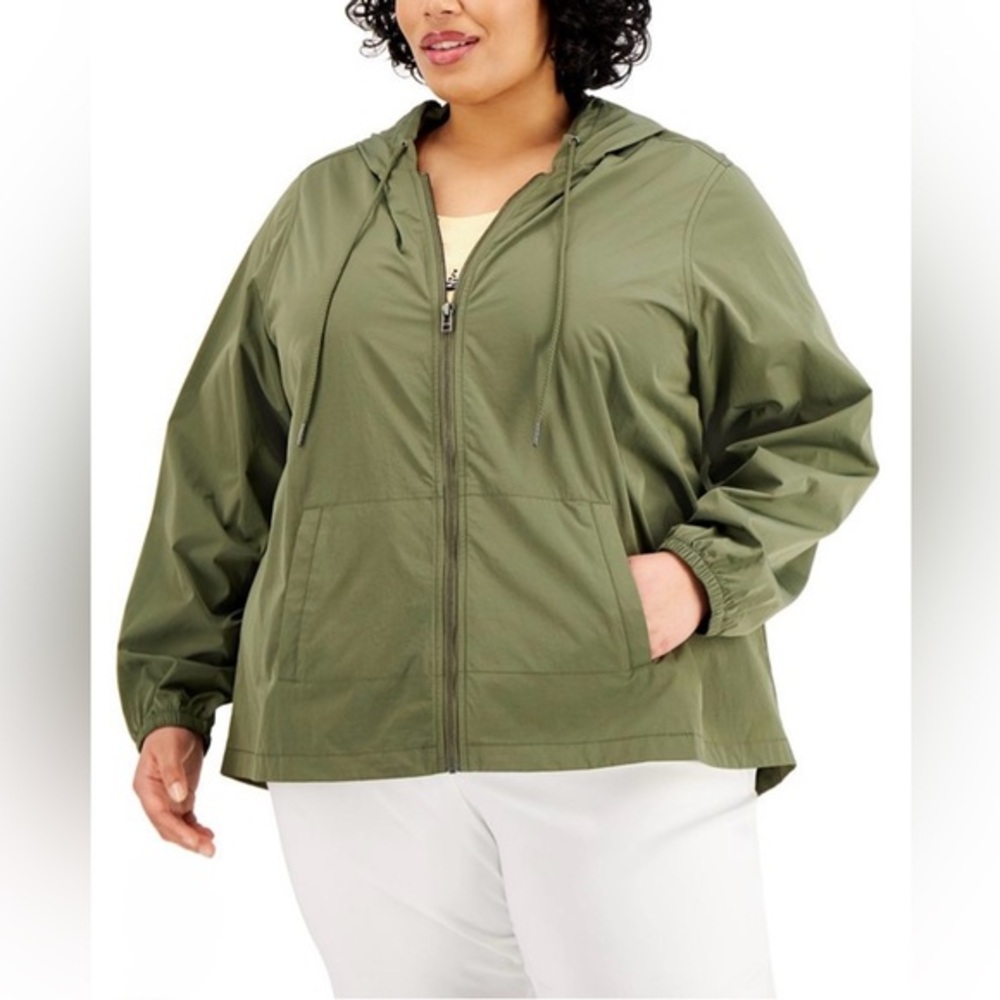 NWT Karen Scott Khaki Hooded Windbreaker Green Hooded Jacket; Size 1X